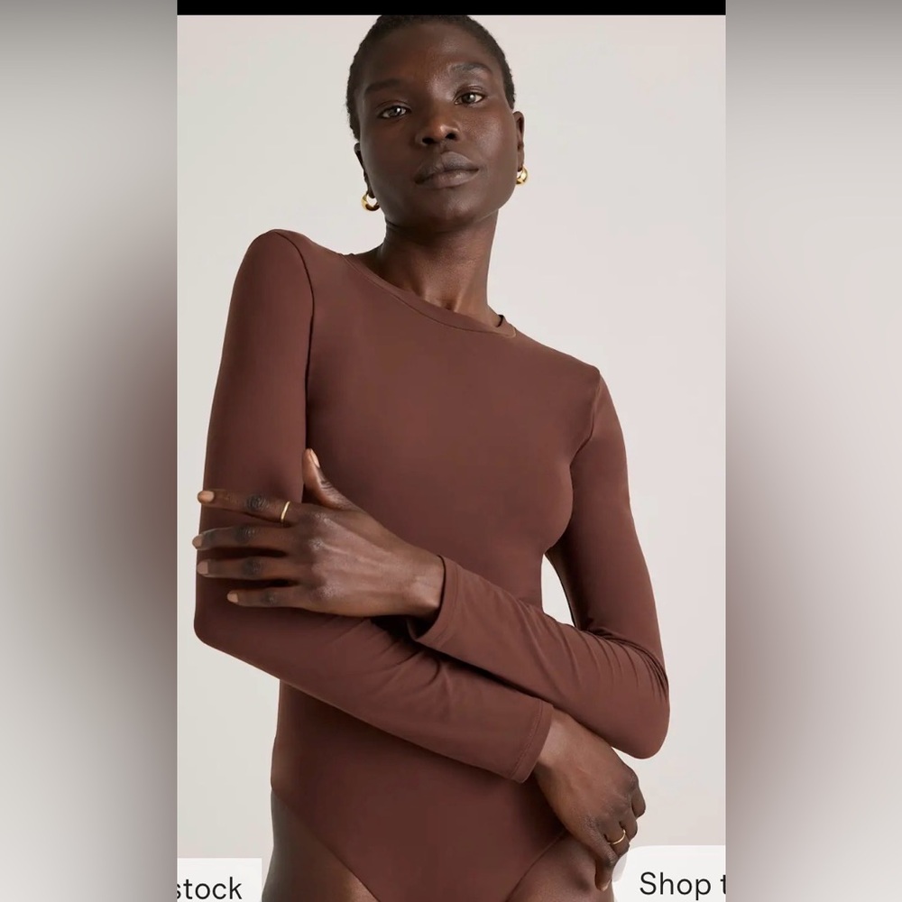 Quince Second Skin Brown Crew Neck Long Sleeve Thong Bodysuit Size Medium. NWT.